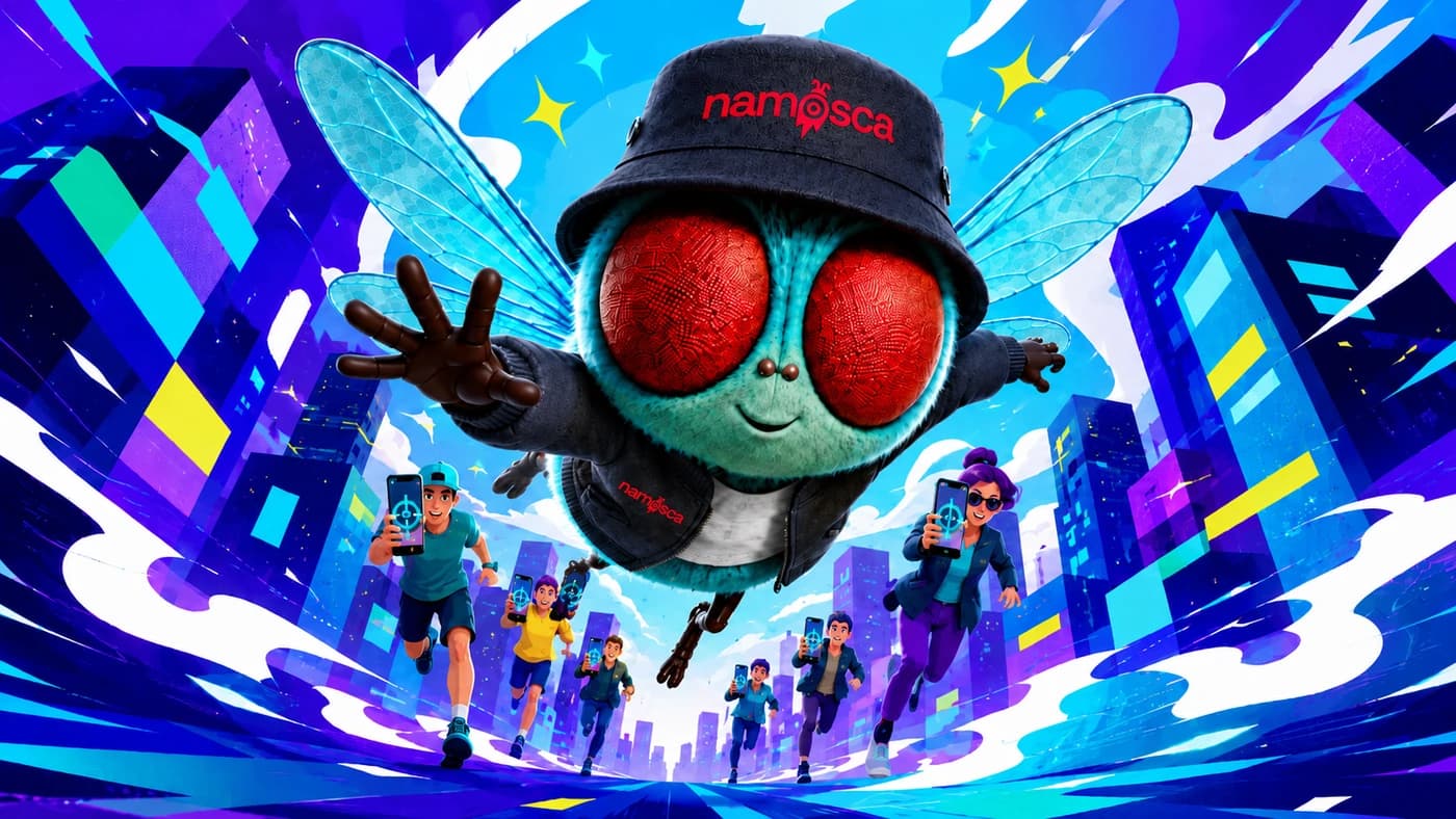 A mosca voa na frente e um grupo de pessoas corre atrás pela cidade, cada uma com a mira do Na Mosca na tela do celular.